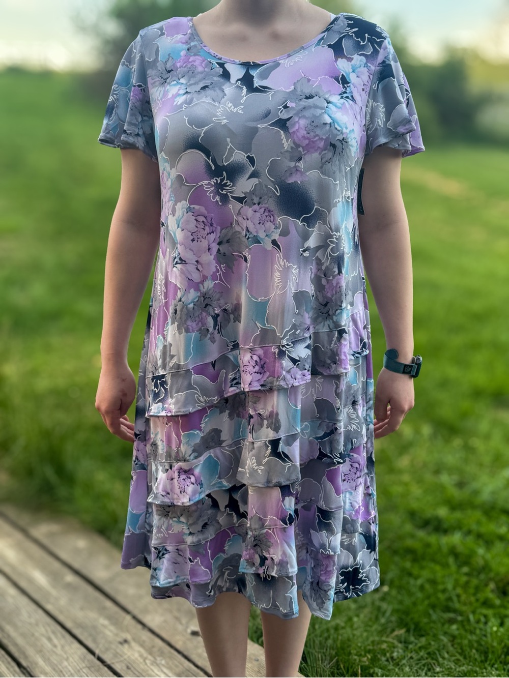 N Touch Purple Floral Tiered Ruffle Midi Dress Size L NWT Cottagecore Fairy